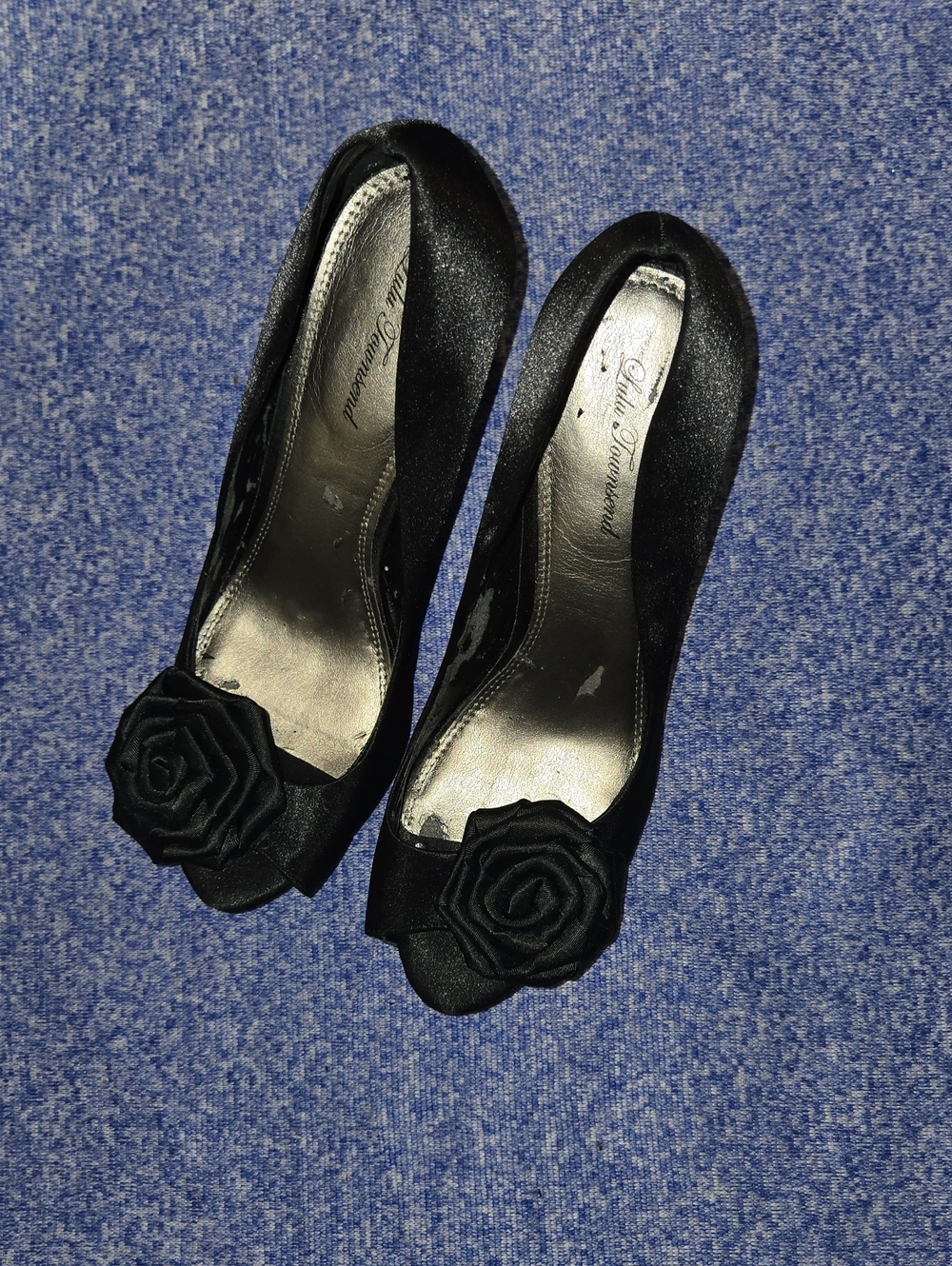 Lulu Townsend Black Satin Peep-Toe Heels with Rosette